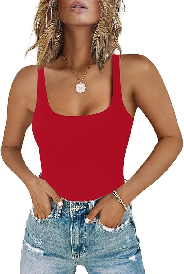 Chunpin Women's Sleeveless Square Neck Tank Bodysuit Outfits Tops Thong Body Suits for Going Out | Amazon (US)