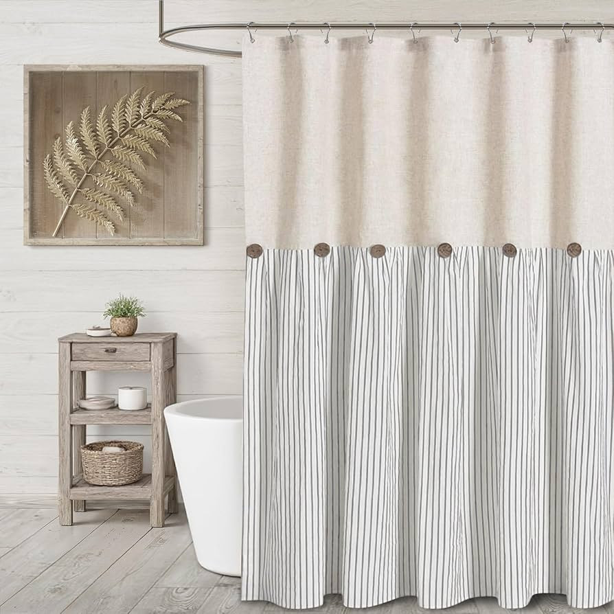 Farmhouse Shower Curtain Linen Button Woven Fabric Country Rustic Western, Pleated Grey Stripe 72... | Amazon (US)