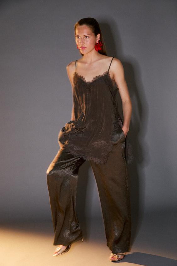 Zara - Lace-Trimmed Camisole Top - Brown - S - Woman | Zara AU