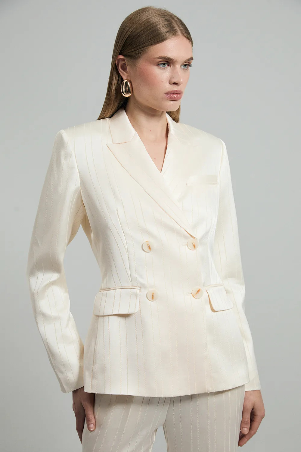 Jackets & Coats | Premium Satin Pinstripe Tuxedo Oversized Tailored Blazer | KarenMillen | Karen Millen US