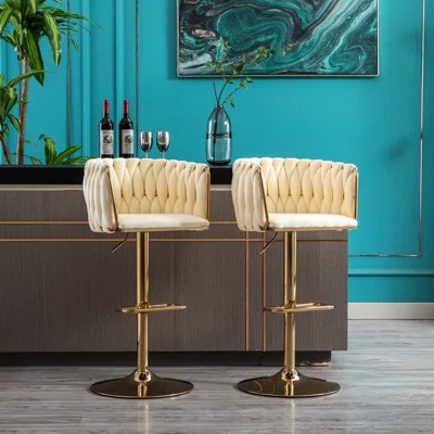 Of 2 Bar Stools - Velvet, Golden Metal, Comfortable Seat, 360° Rotation, Adjustable Height For Cafes, Offices, Homes 2pcs Modern Legs, Seat Height, Sk | Wayfair North America