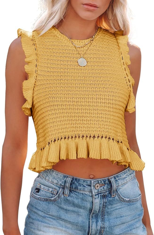 PiePieBuy Women's Summer Knit Tank Tops Crew Neck Sleeveless Cami Shirts Tees Ruffle Sweater Vest | Amazon (US)