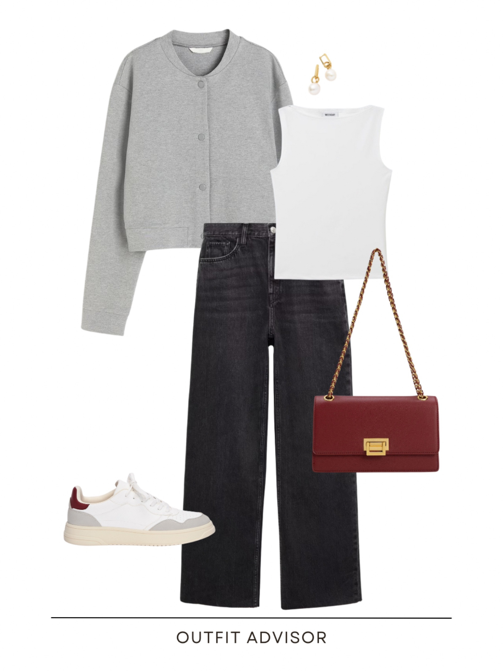 Spring work outfit inspo: a grey bomber jacket, white tank top, pearl earrings, burgundy bag, black jeans and sneakers 

#LTKstyletip #LTKworkwear #LTKshoecrush