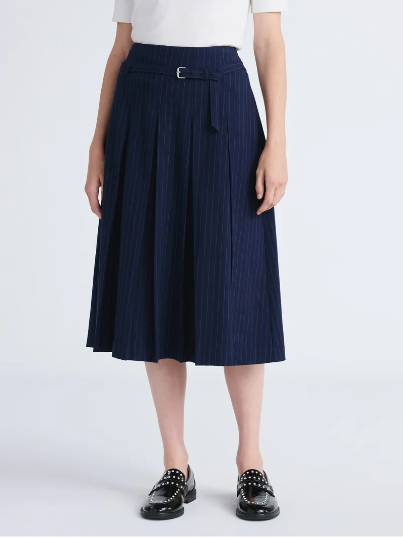 Free Assembly Women's Belted Pleated Pinstripe Midi Skirt, Sizes 0-16 | Walmart (US)