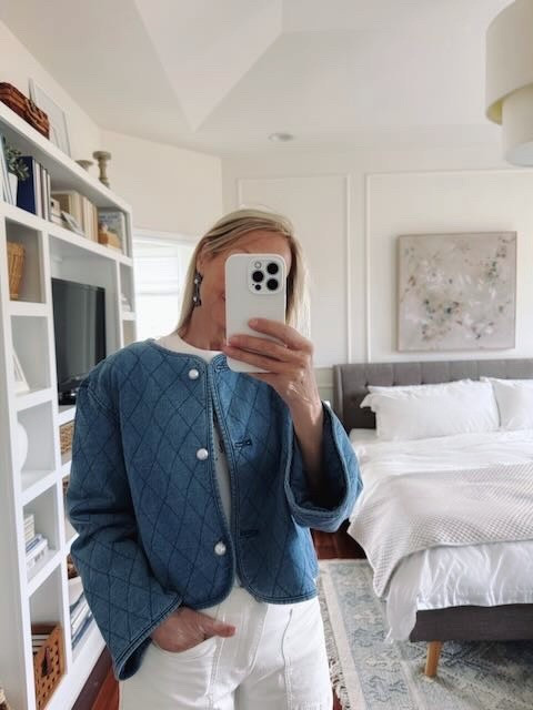 Kate Spade Target spring finds - wearing a medium in the cropped quilted jacket and cotton t-shirt and size 8 in the white barrel jeans  #fashionover50 #over60influencer #50plus

#LTKStyleTip #LTKFindsUnder50 #LTKOver40