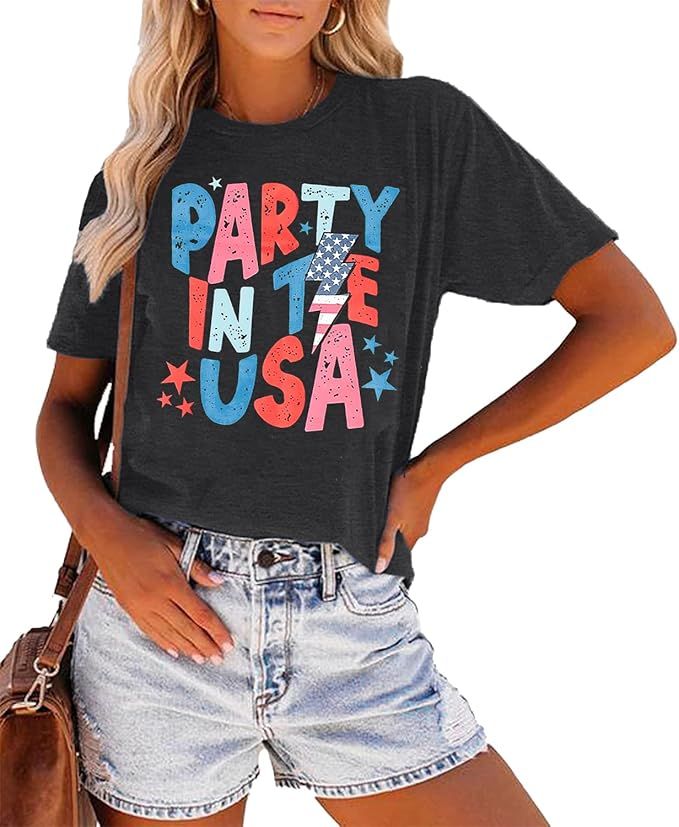 FLOYU Women Party in The USA Shirt Retro 4th of July T Shirt USA Flag Tops Casual America Patriot... | Amazon (US)