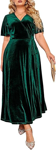 BerryGo Women's Plus Size Velvet Maxi Dress Formal Wedding Guest Long Dress V Neck High Waist Sid... | Amazon (CA)