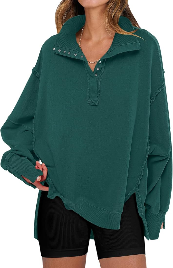 ANRABESS Women's Sweatshirts Oversized Casual Loose Button Up Henley Pullover Top High Low Split ... | Amazon (US)