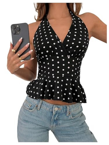 MakeMeChic Women's Polka Dots Halter Tops V Neck Tie Back Wrap Shirt Sleeveless Cami Top Black Small | Amazon (US)