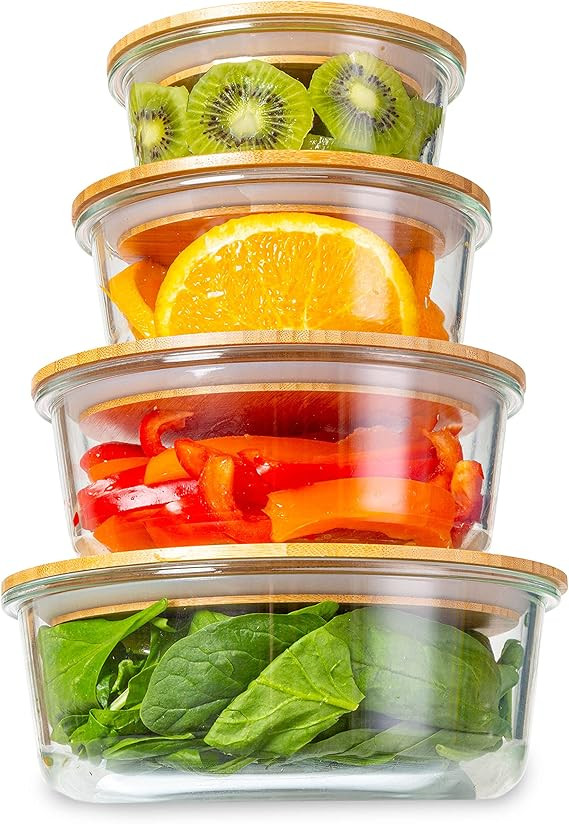 Glass Meal Prep Containers with Bamboo Lids, 4 Pack - Airtight Clear Food Storage Canisters for K... | Amazon (US)
