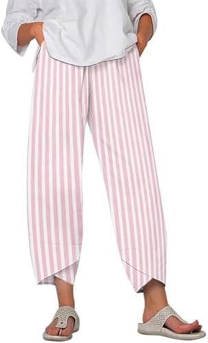 Zaswen Striped Linen Pants for Women Summer Wide Leg Cropped Harem Pants Loose Barrel Baggy Capri... | Amazon (US)