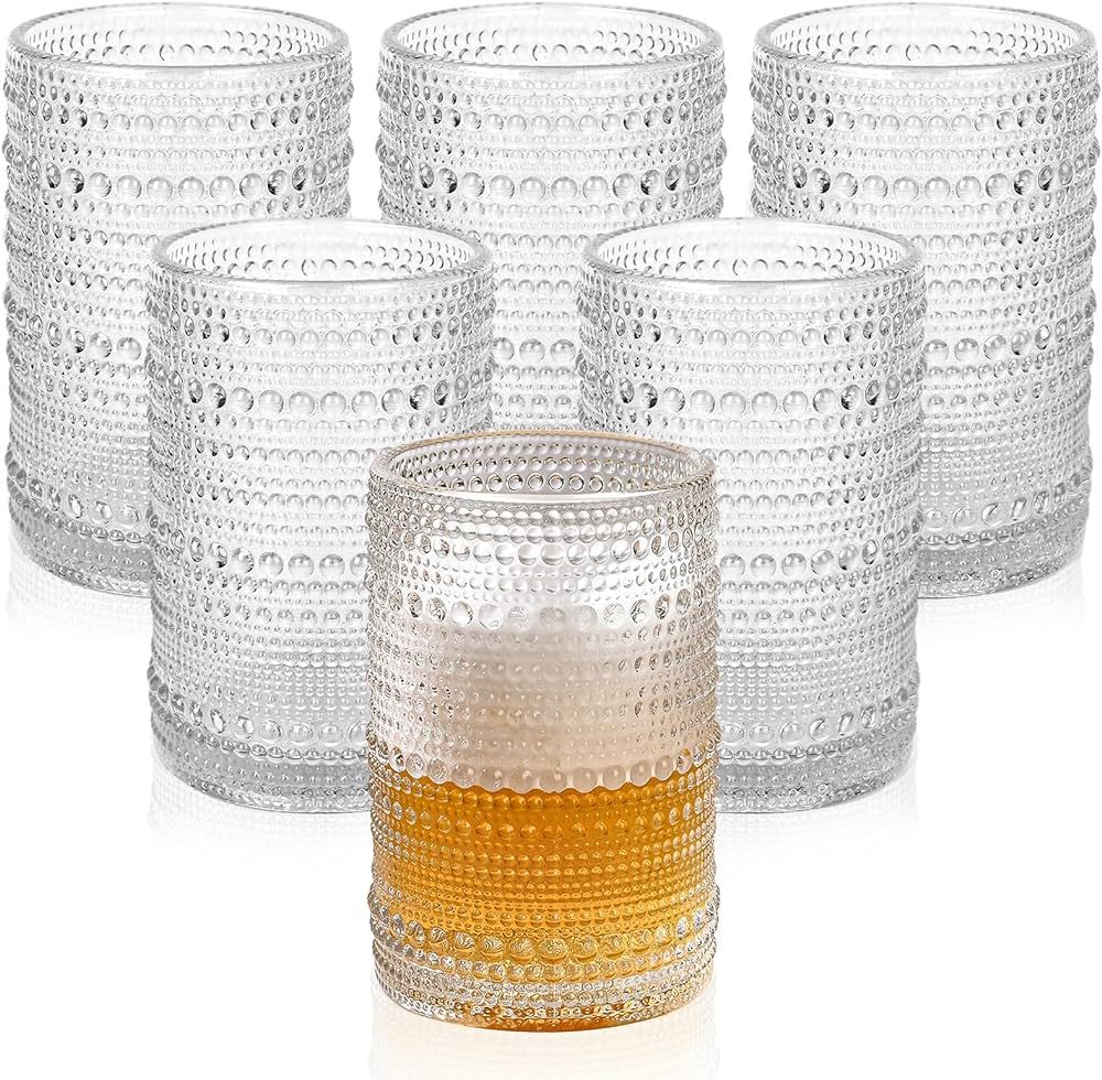 Vintage Glassware Drinking Glasses Set of 6,15 oz Hobnail Glass Cups,Embossed Clear Water Tumbler... | Amazon (US)