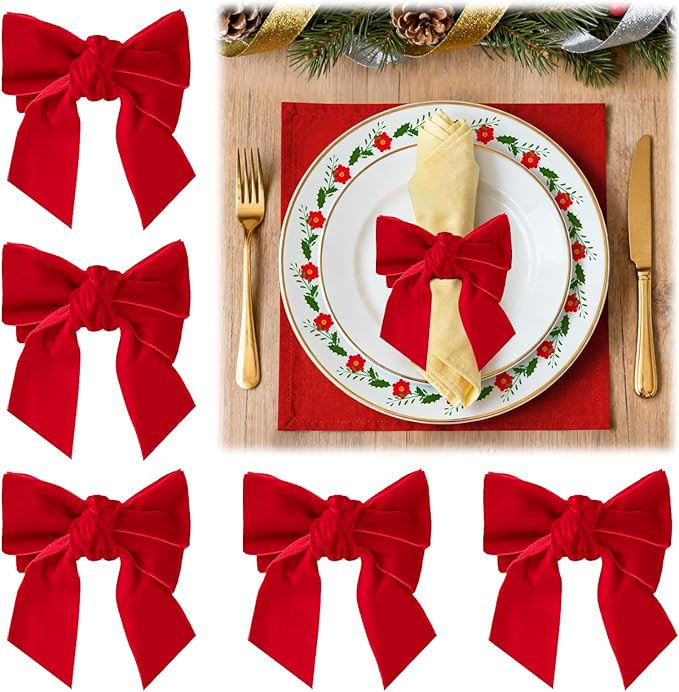 Red Velvet Bow Christmas Napkin Rings Set of 6 - Beautiful Napkin Holder Rings for Holiday Dinner... | Amazon (US)