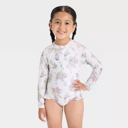 Toddler Girls' Disney Princess Long Sleeve Floral Half Zip One Piece Rash Guard Swimsuit - Ivory ... | Target