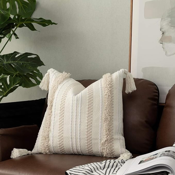 OJIA Boho Decorative Throw Pillow Cover, 18 x 18 Farmhouse Cute Pillowcase Minimalist Neutral Col... | Amazon (US)