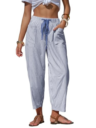 EXLURA Womens Summer Faux Linen Striped Barrel Pants Comfy Drawstring Capri Pant with Pockets Bea... | Amazon (US)