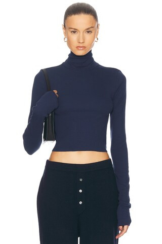Eterne Cropped Fitted Turtleneck Top in Navy | FWRD | FWRD 