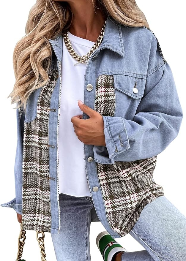 BTFBM 2023 Women's Button Down Denim Jackets Long Sleeve Lapel Casual Fall Shirts Shackets Plaid ... | Amazon (US)