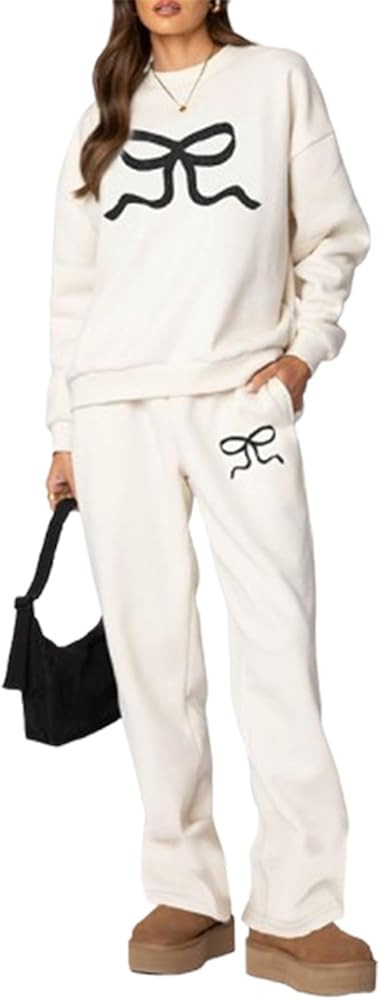 Thopavenoir Women Valentine 2Pcs Outfits Bow Heart Trim Print Crew Neck Hoodie Sweatsuit Sets Ove... | Amazon (US)