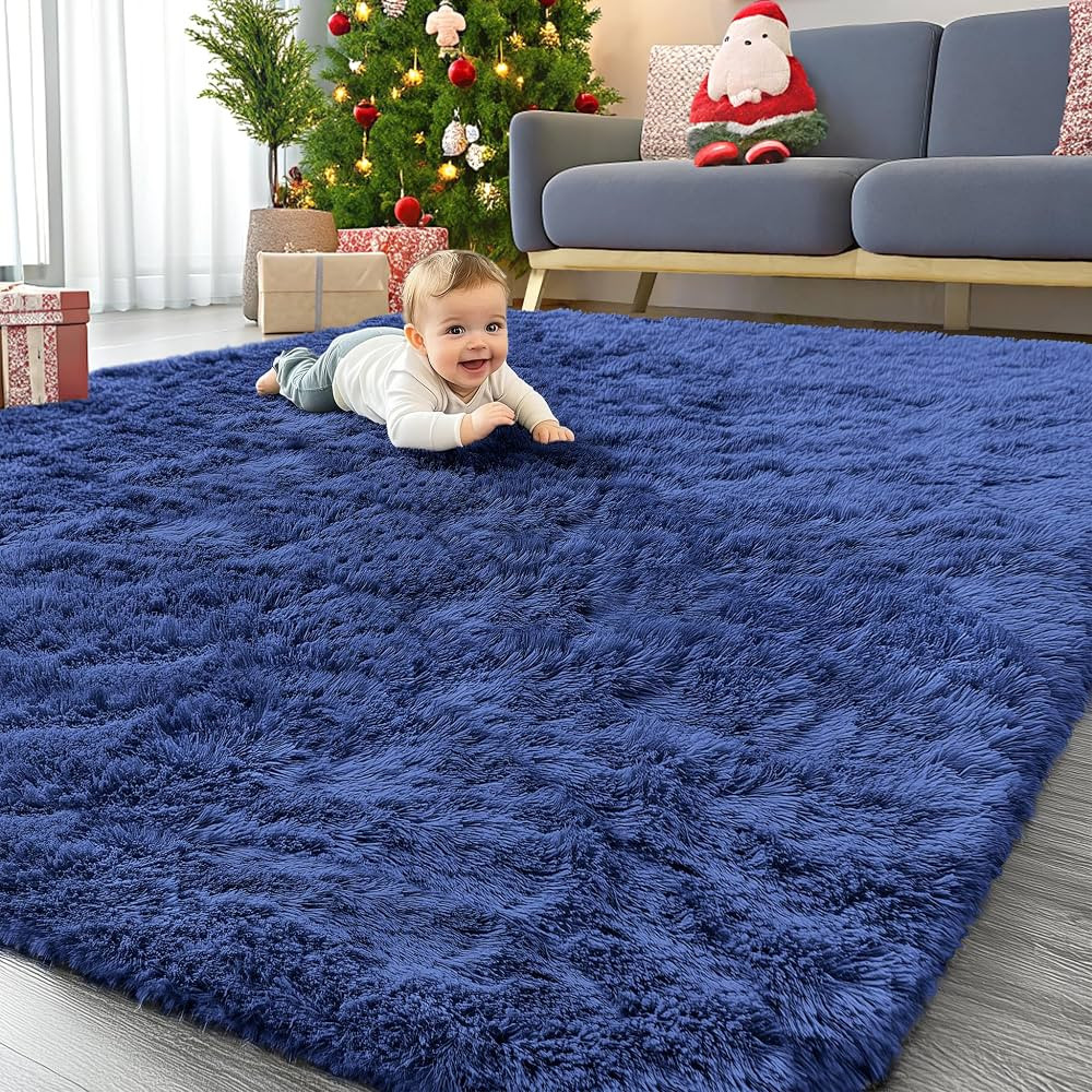 OLANLY 6x9 Machine Washable Large Area Rugs for Living Room, Bedroom, Soft Fluffy Shaggy Bedside Rug, Indoor Floor Carpet for Kids Girls and Boys, Dorms, Nursery, Home Decor Aesthetic, Navy Blue | Amazon (US)