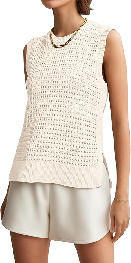 Women's Sleeveless Crochet Sweater Tank Hollow Out Round Neck Side Split Casual See Through Knit ... | Amazon (US)