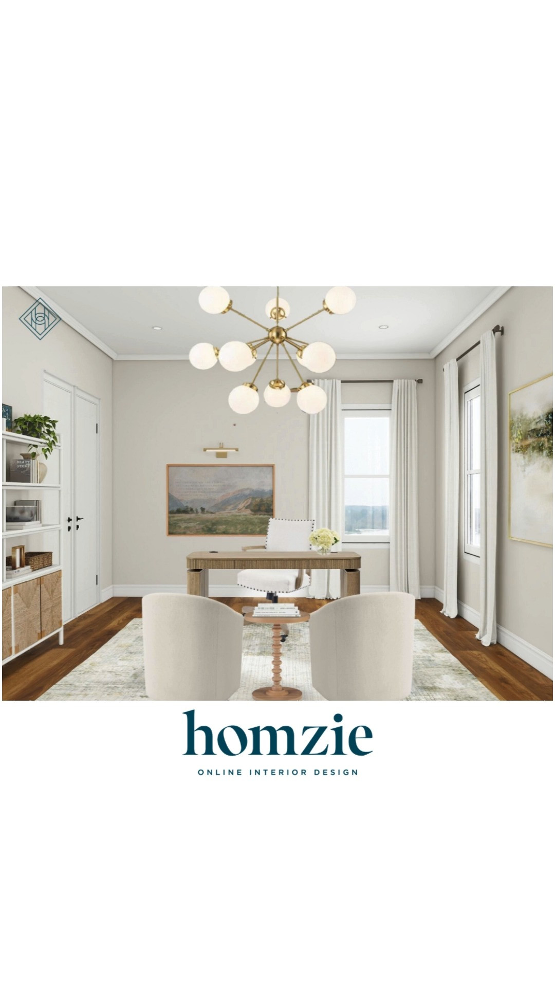 Neutral office design featuring bookshelves, accent chairs, office desk, desk chair, rug, wall art, chandelier, decor, etc.

#LTKHome #LTKFinds #LTKFavorites #HomeStyleDaily  

 #LTKHome