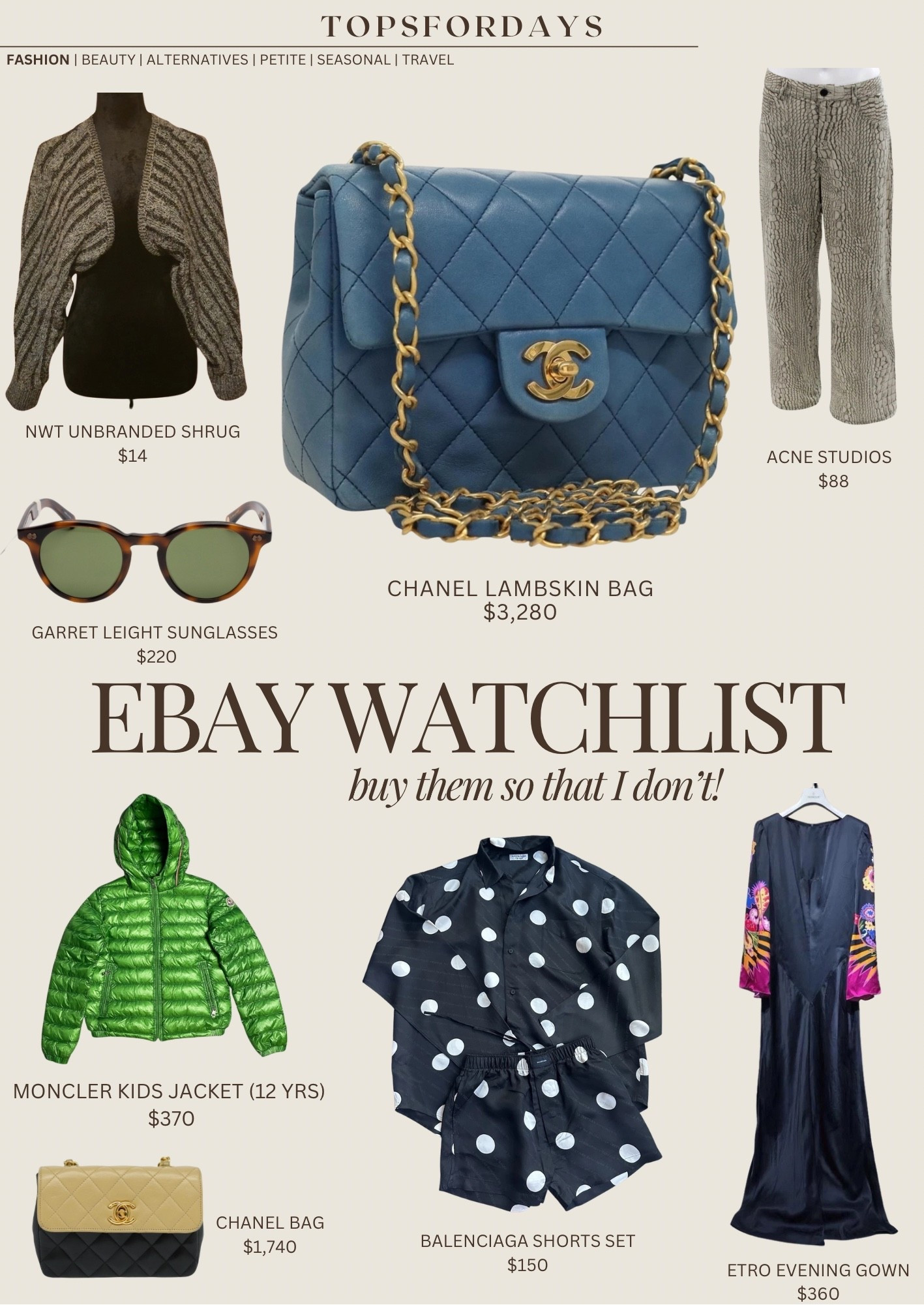 My current eBay watchlist is dangerously good. 

FYI a little petite girl hack: kids’ sizes often fit better than adult ones and they’re way cheaper. That Moncler kids jacket is calling my name for my upcoming winter trip ⛄️ 



#LTKSeasonal #LTKStyleTip #LTKPetite