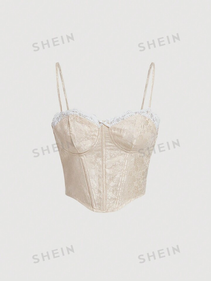 SHEIN MOD Jacquard Contrast Lace Corset Structure Apricot Cami Top | SHEIN
