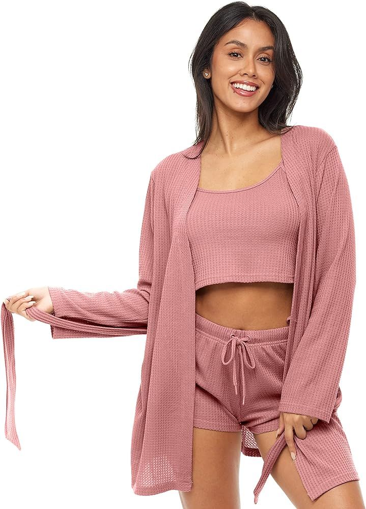 Alexander Del Rossa Women's Soft Ribbed Waffle Rib Knit 3 Piece Lounge Set - Robe, Cami Top and S... | Amazon (US)