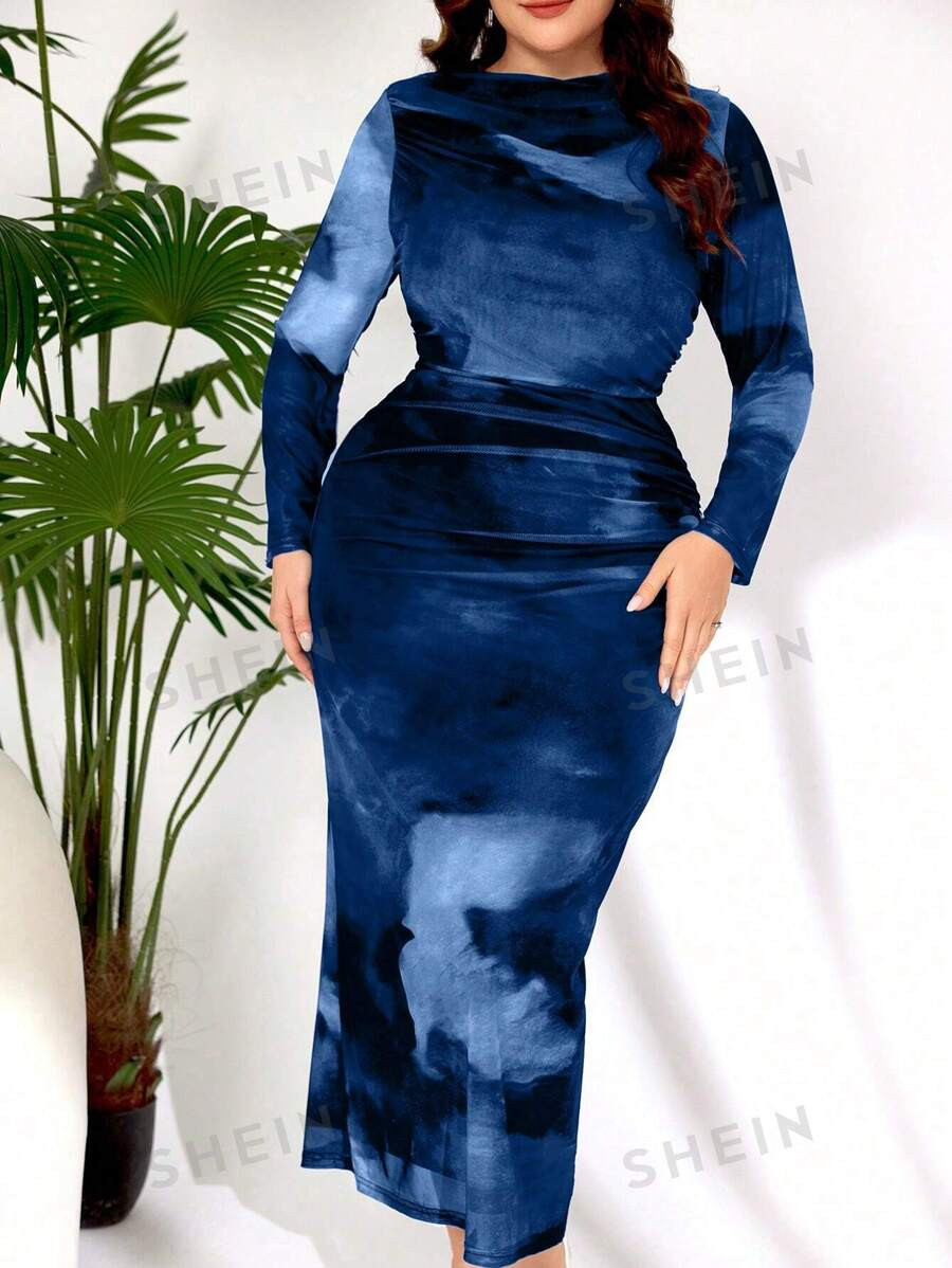 SHEIN Modely Plus Size Spring/Autumn Elegant Tie-Dye Mermaid Fitted Dress | SHEIN