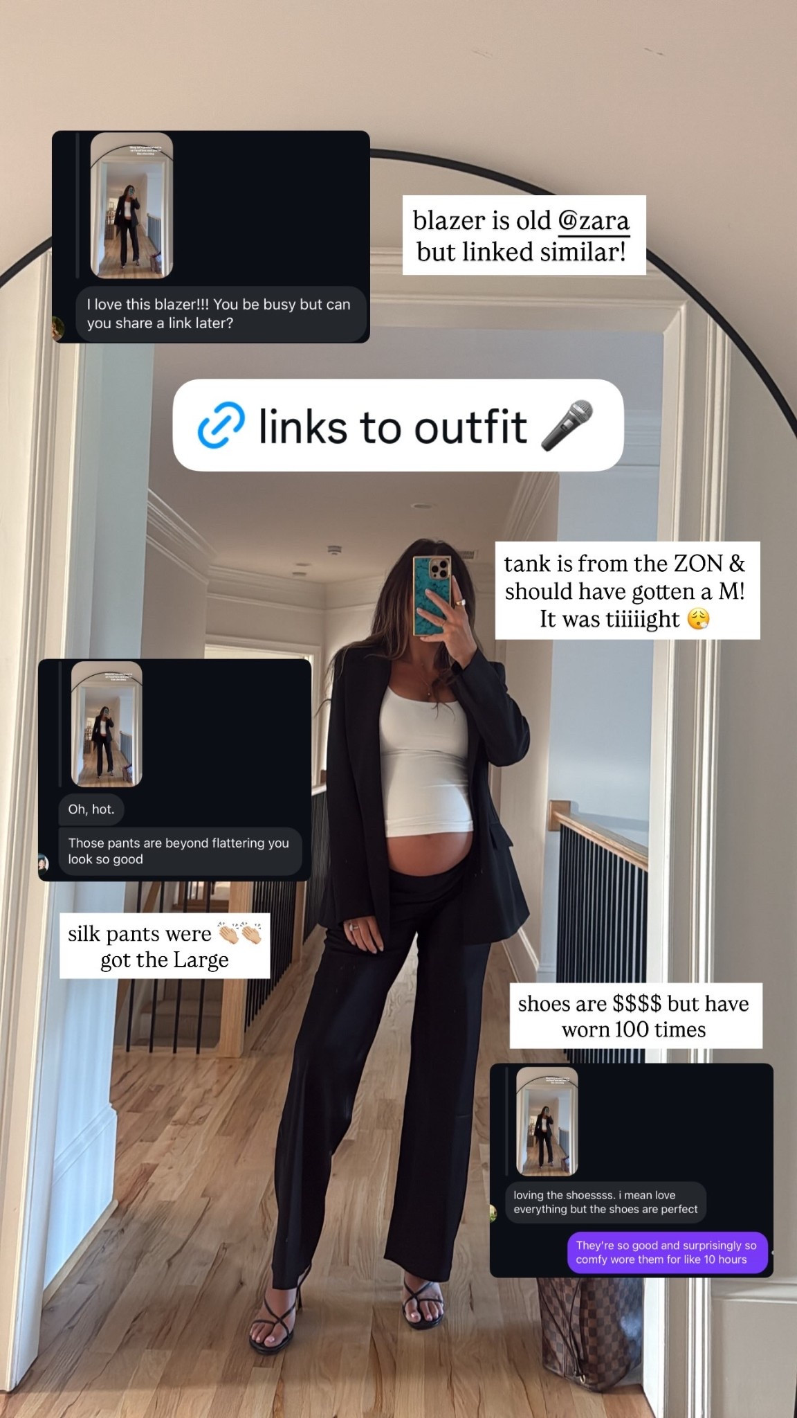 silk pants were 👏🏼👏🏼
got the Large  shoes are $$$$ but have worn 100 times blazer is old @zara 
but linked similar! tank is from the ZON & should have gotten a M!
It was tiiiiight 😮‍💨