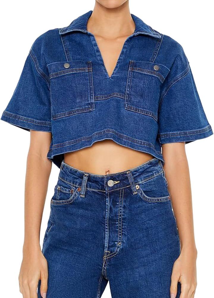 Women Collared V Neck Crop Denim Blouse Oversize Summer Short Sleeve Pullover Short Jean Top with... | Amazon (US)