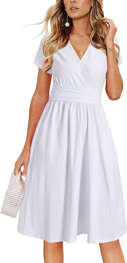 OUGES Women's Summer Short Sleeve V-Neck Floral Short Party Dress with Pockets 2023(White,S) | Amazon (US)