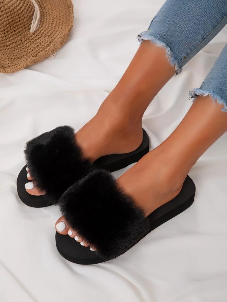 Open Toe Fluffy Slides | SHEIN