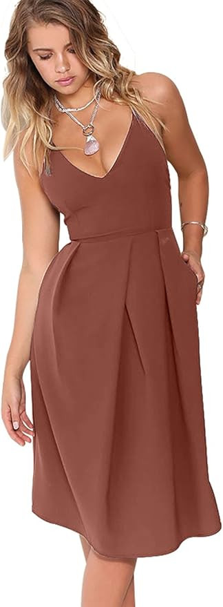 Eliacher Women's Deep V Neck Adjustable Spaghetti Straps Summer Dress Sleeveless Sexy Backless Pa... | Amazon (US)