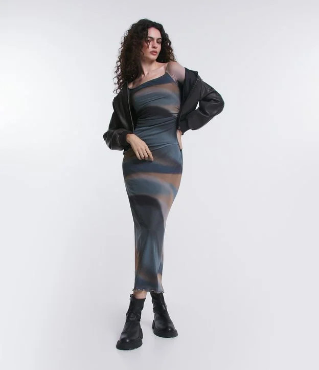 Vestido New Midi em Tule com Estampa Abstrata e Fenda nas Costas Azul/ Cinza | Renner (BR)