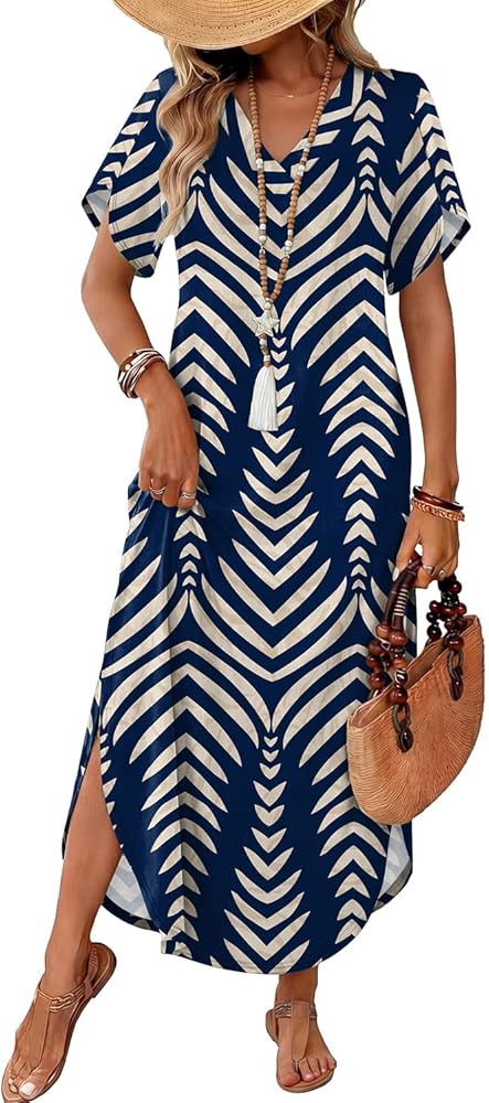 WIHOLL Summer Dresses for Women Short Sleeve Maxi Dresses V Neck Sundress with Side Slit Pockets ... | Amazon (US)
