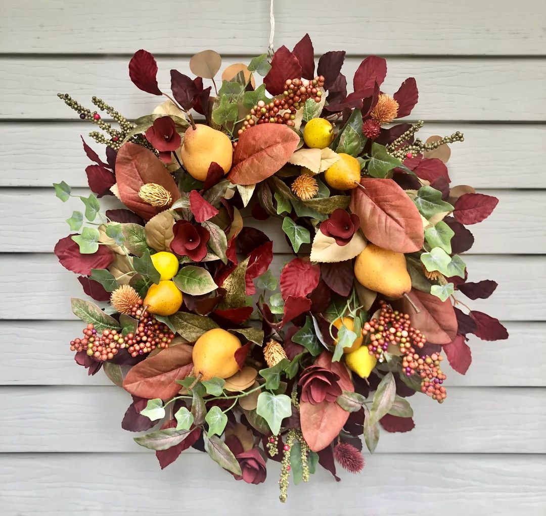 Burgundy Fall Wreath With Pears for Front Door, Harvest Decorative Wreath, Fall Foliage Wreath, T... | Etsy (US)