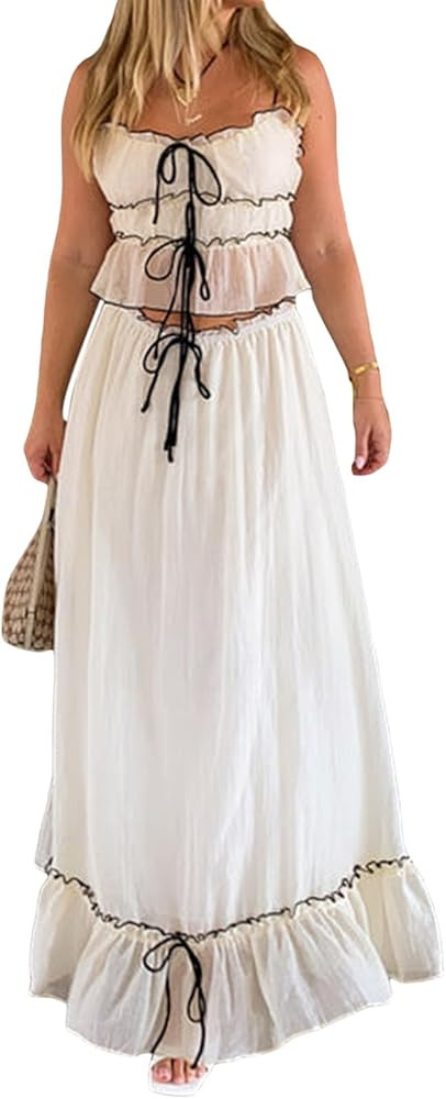 Women 2 Piece Maxi Skirt Set Patchwork Front Tie-Up Spaghetti Strap Camisoles Matching with Ruffl... | Amazon (US)
