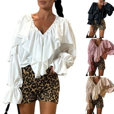 Women Frilled V Neck Shirt Blouse Ladies Work OL Long Sleeve Casual Ruffle Tops. | eBay US