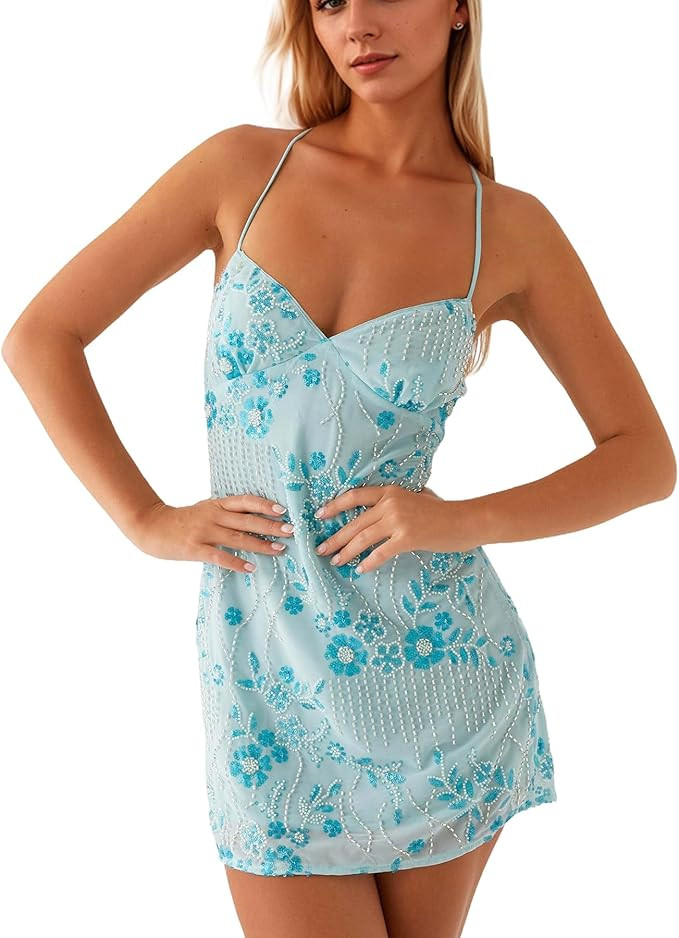 Women Sequin Sparkly Rhinestone Mini Dress Sleeveless Backless Deep V Neck Glitter Short Cami Dre... | Amazon (US)