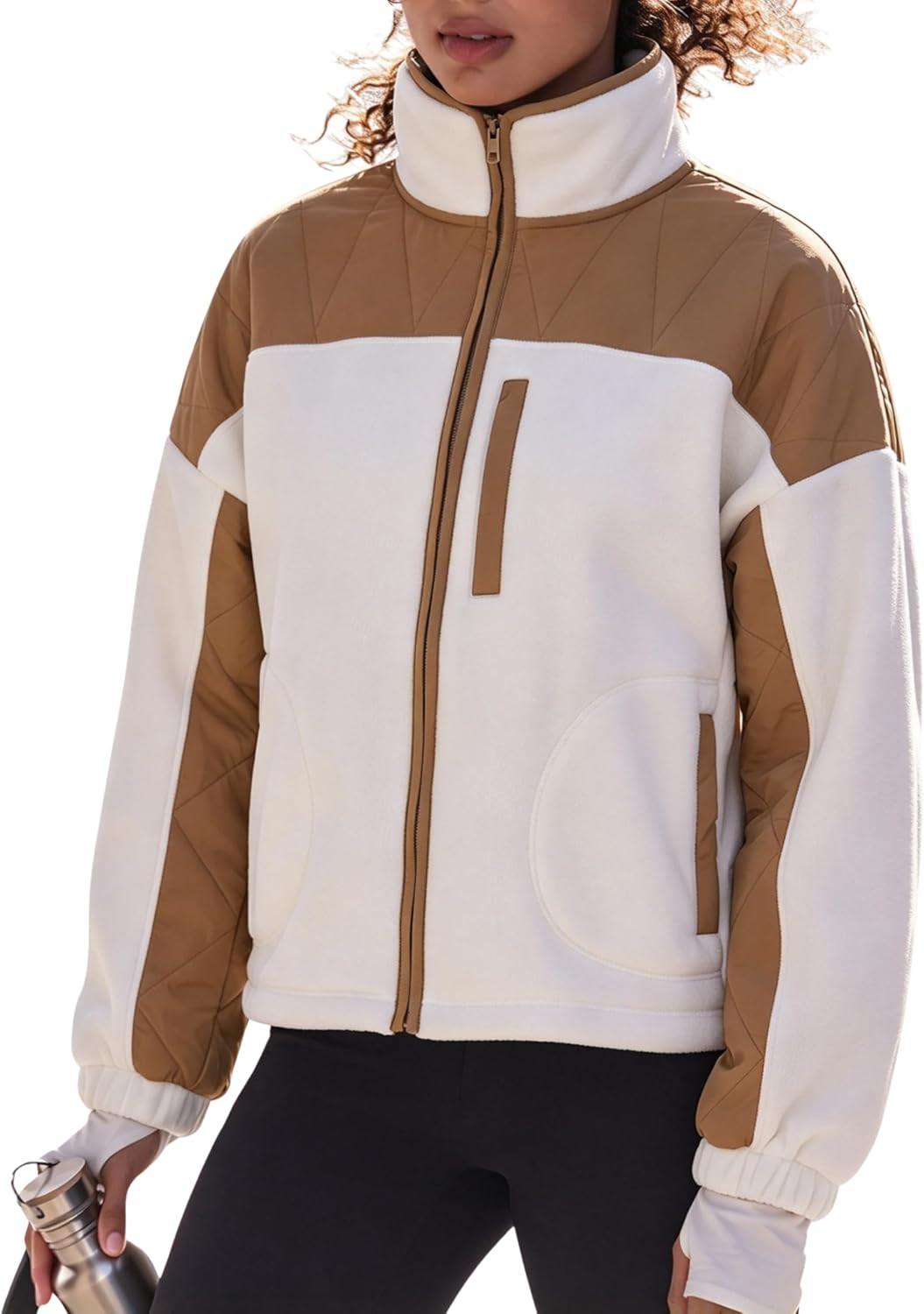 Women Colorblock Fleece Jacket Zip Up Stand Collar Casual Outwear | Amazon (US)