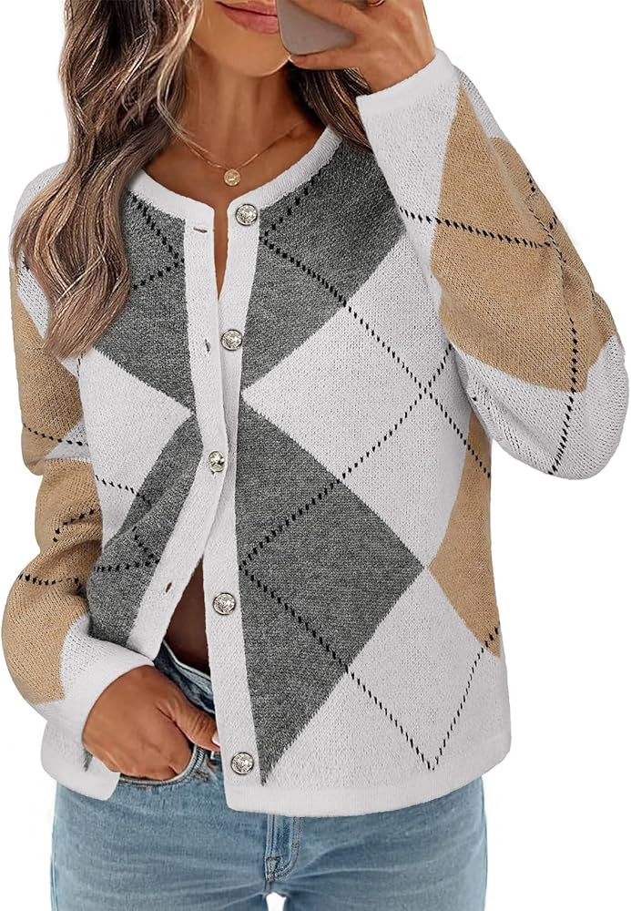 MEROKEETY Women's Long Sleeve Cardigan Sweaters 2024 Trendy Open Front Checkered Knit Button Up J... | Amazon (US)