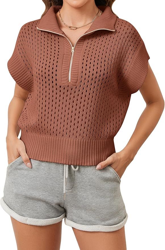 Womens Oversized Hollow Out Sweater Vest Quarter Zip Cap Sleeve Lapel Casual See Through Crochet ... | Amazon (US)