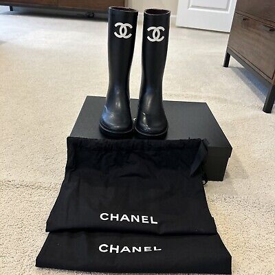 Chanel Black White Caoutchouc CC Logo High Pull On Rubber Rain Boots 36 | eBay US
