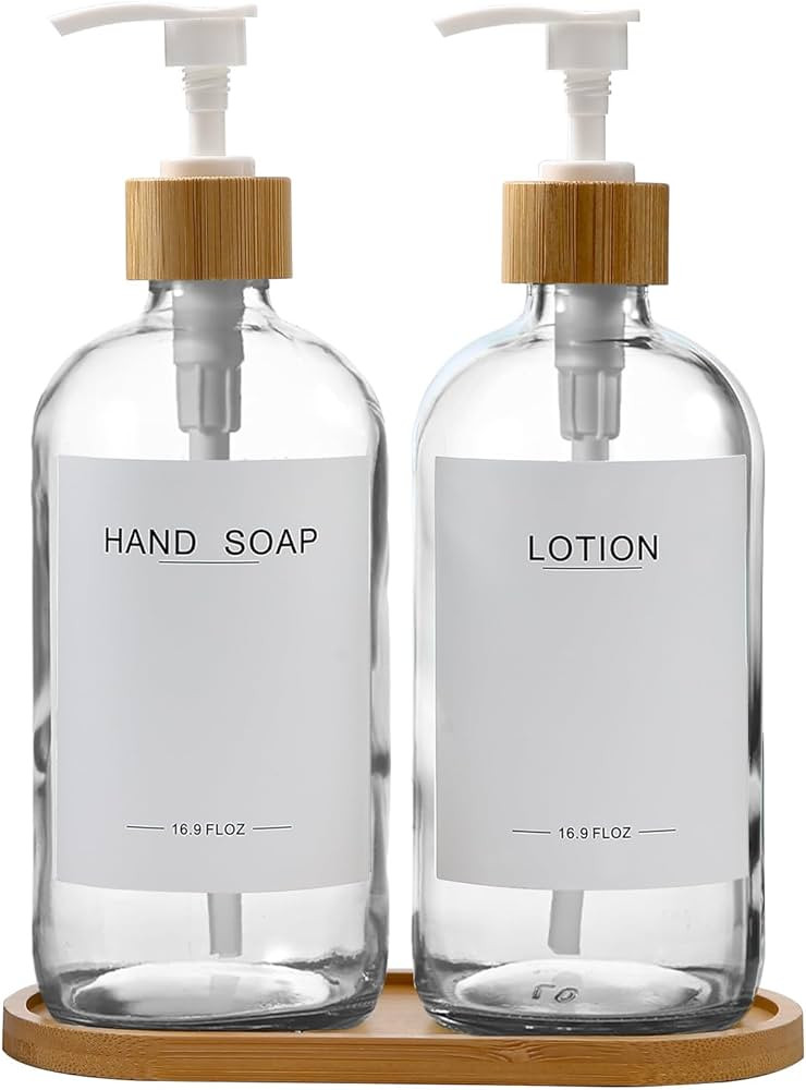 Clear Glass Soap Dispenser with Bamboo Pumps&Tray&Labels, Soap Dispenser Bathroom Set, Hand Soap ... | Amazon (US)
