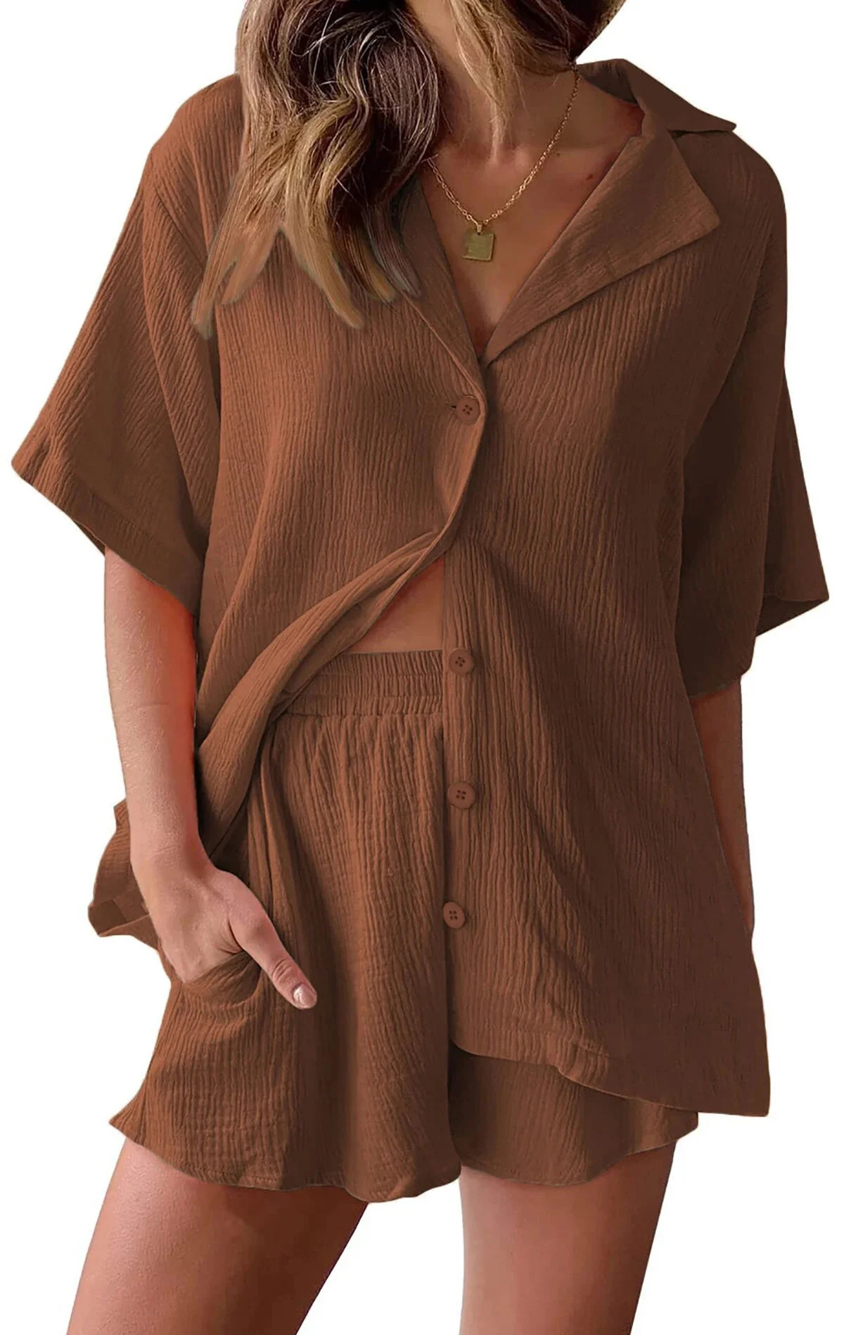 Fantaslook 2 Piece Lounge Sets for Women Button Down Shirts and Shorts Casual Set Short Sleeve Su... | Walmart (US)