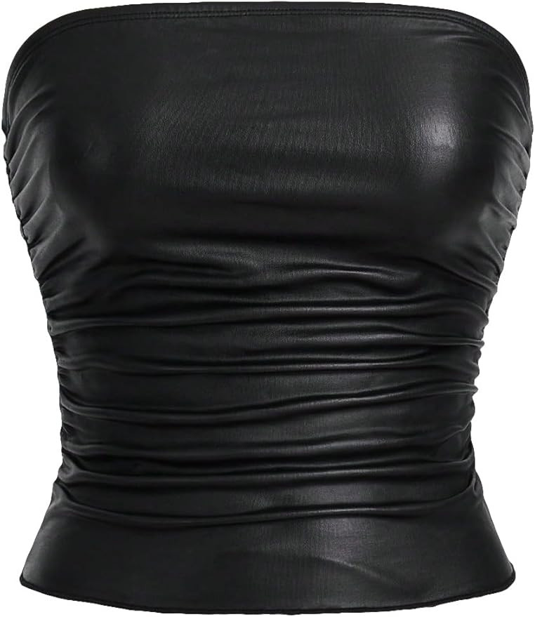 SOLY HUX Women's PU Leather Ruched Tube Top Strapless Sexy Party Clubwear Tops Going Out Streetwe... | Amazon (US)