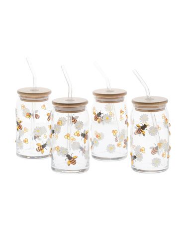 4pk Hand Painted Glass Bee And Daisy Sippers | TJ Maxx