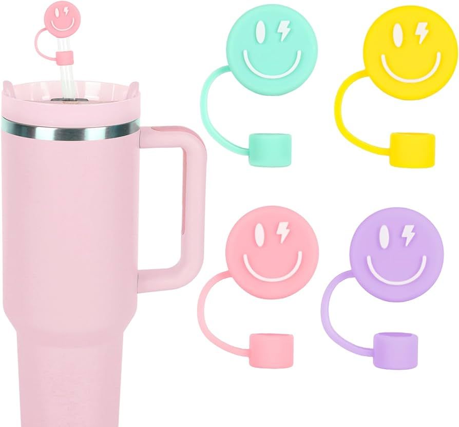 Whaline 4Pcs Smiling Face Straw Covers Macaron Silicone Reusable Straw Topper Double Sided Patter... | Amazon (US)